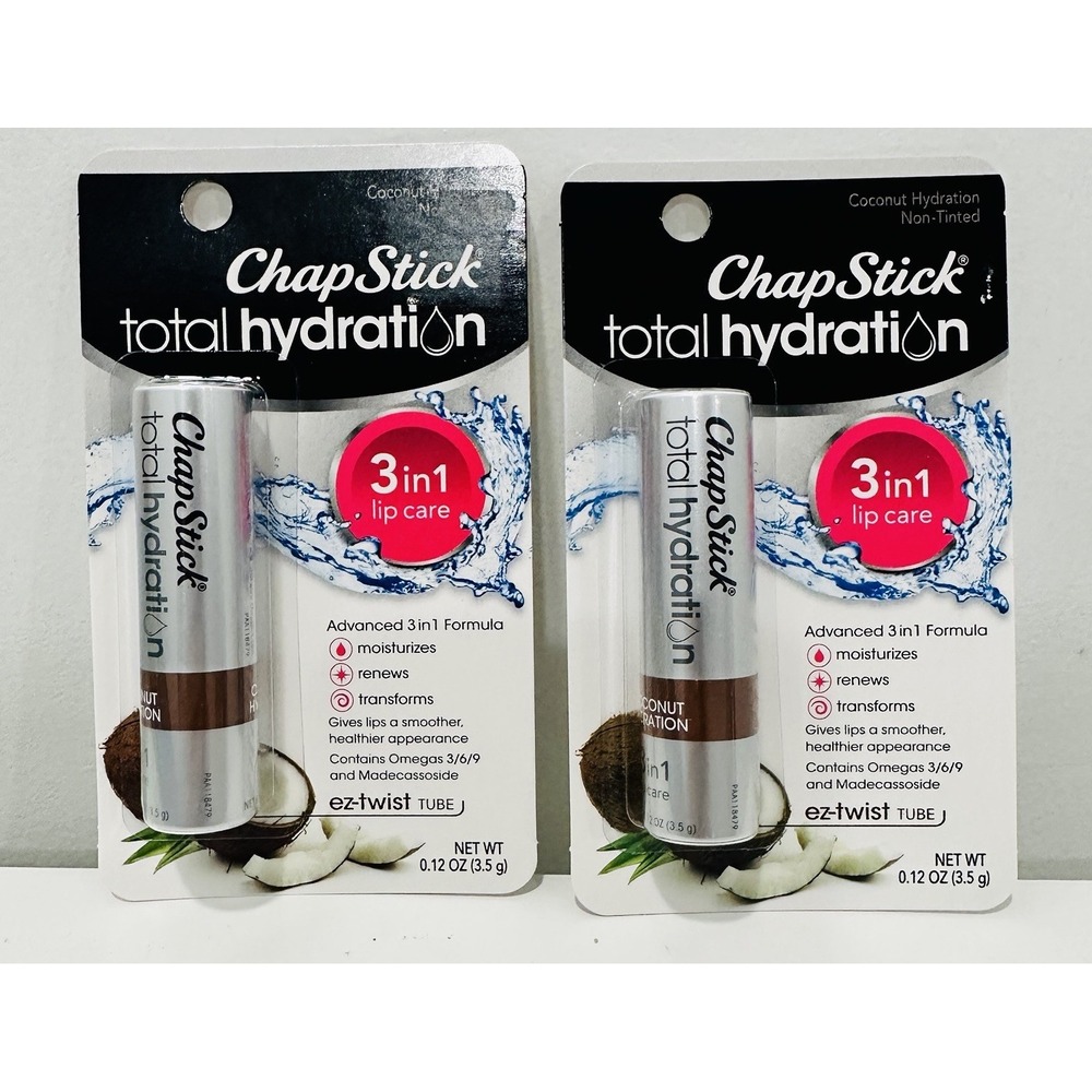 2 Pack ChapStick Total Hydration 3 in 1 Lip Care Coconut Hydration Non-Tinted